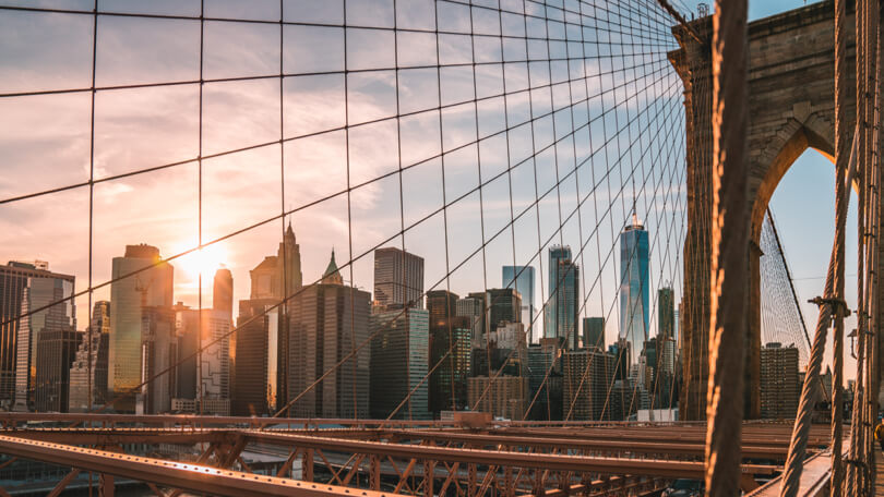Bridge with view of city skyscrapers
